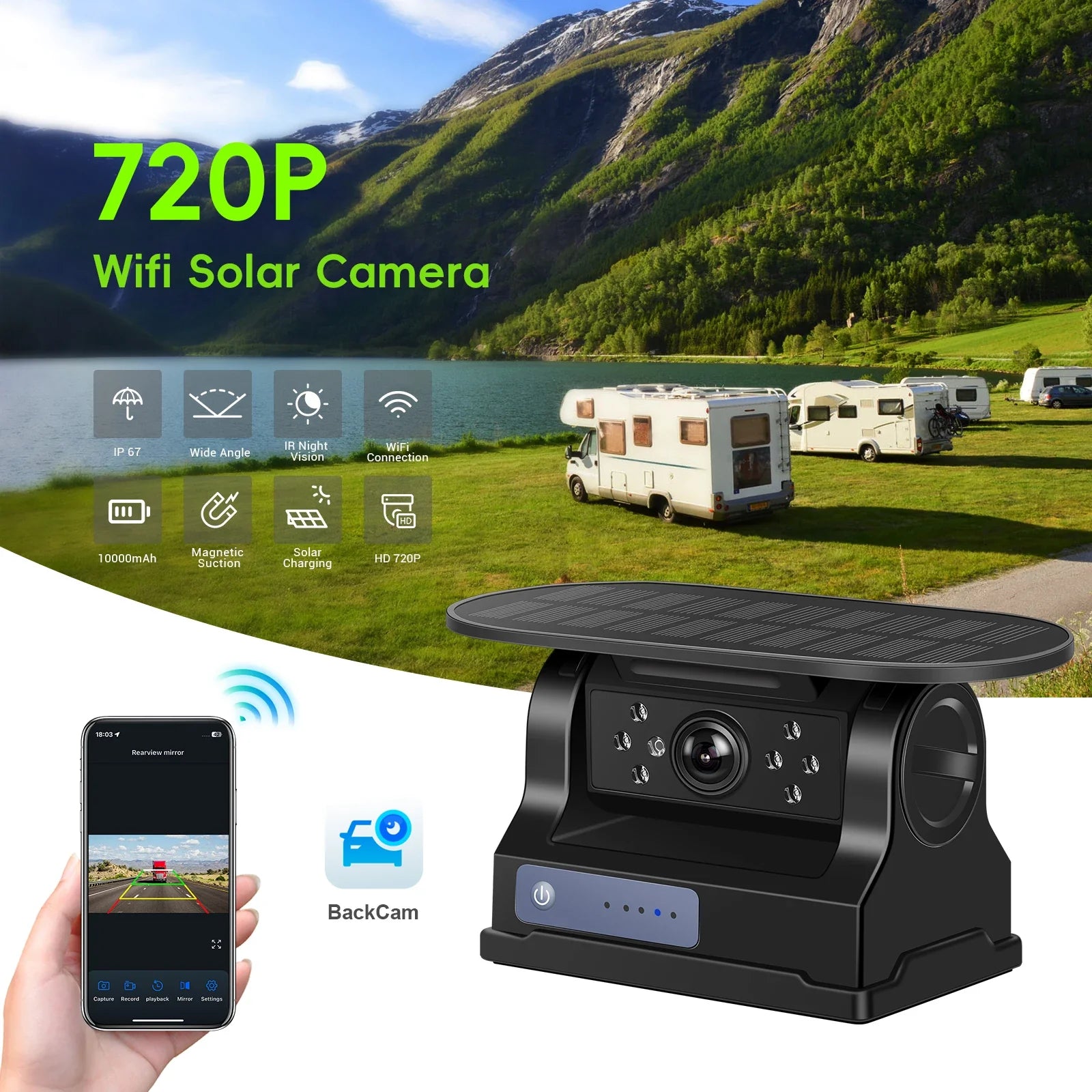 Caméra De Recul Sans Fil Solaire 720P Étanche